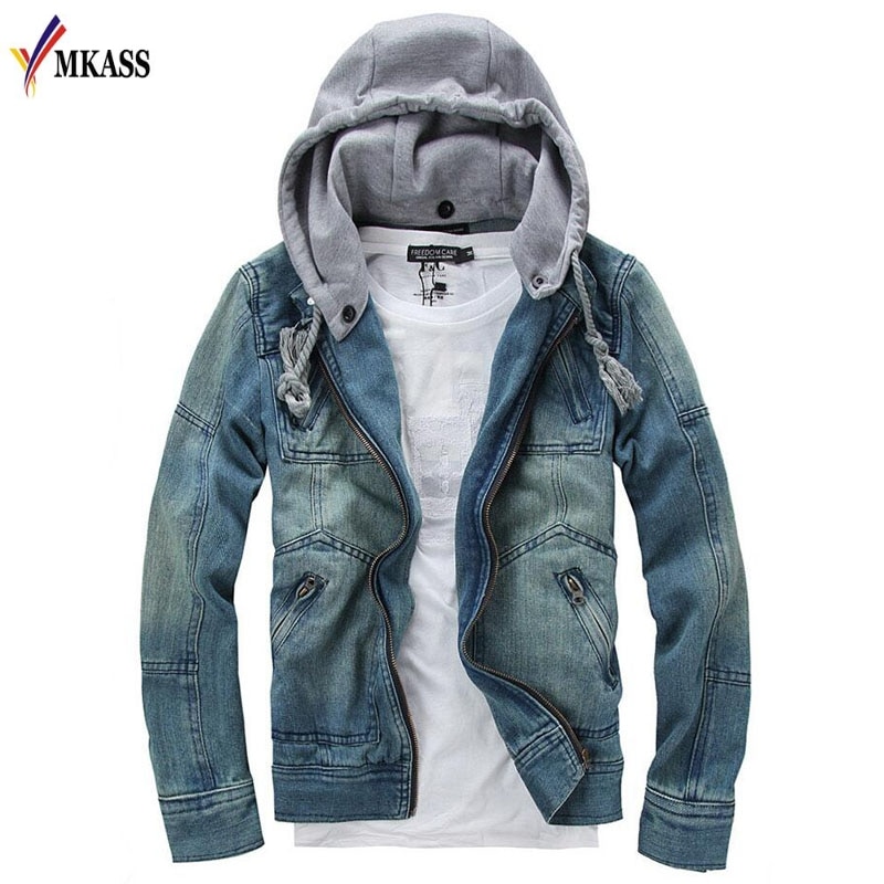 Utländsk manlig jeansjacka avtagbar huva herr jeansjacka jeansjacka jeans storlek m -5xl