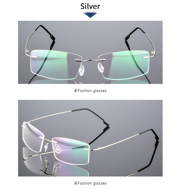 Anti-blåt lys foldende kantløse briller optiske briller mand firkantet rustfrit stål letvægts hukommelse titanium spektakel: Sølv