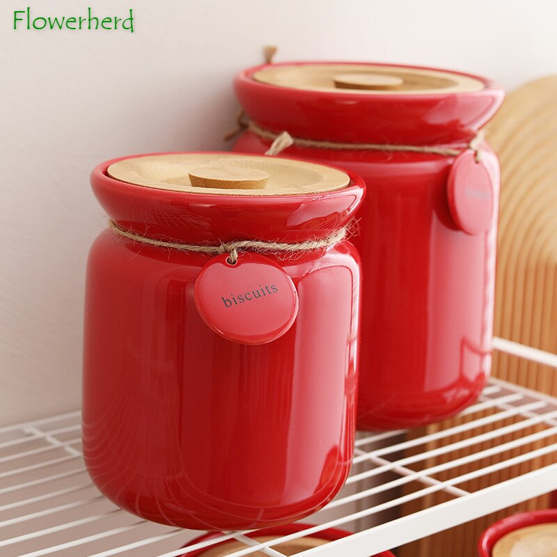Large Capacity Red Ceramic Tea Caddy with Bamboo Lid Round Tea Storage Food Grade Tea Container Tea Coffee Bean Sealed Caddy
