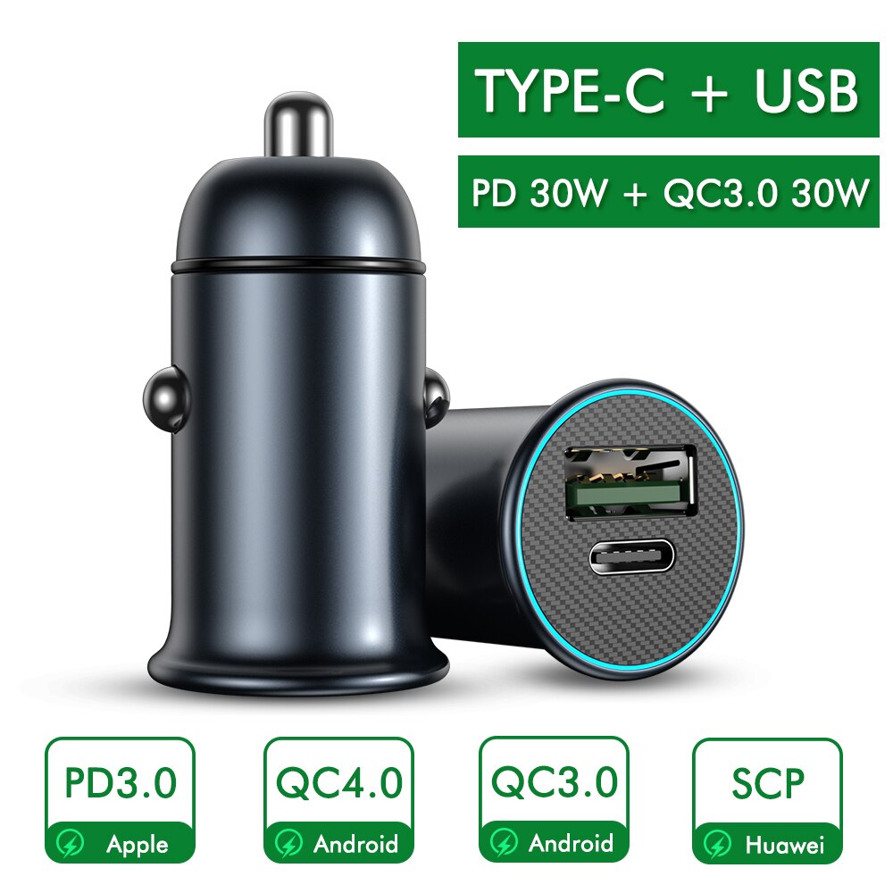 YKZ Car Charger PD 30W Mini Full Metal Dual QC3.0 4.0 USB Car Charger Type C Quick Charge For iPhone Samsung Huawei Mobile Phone: PD USB 30W Gun