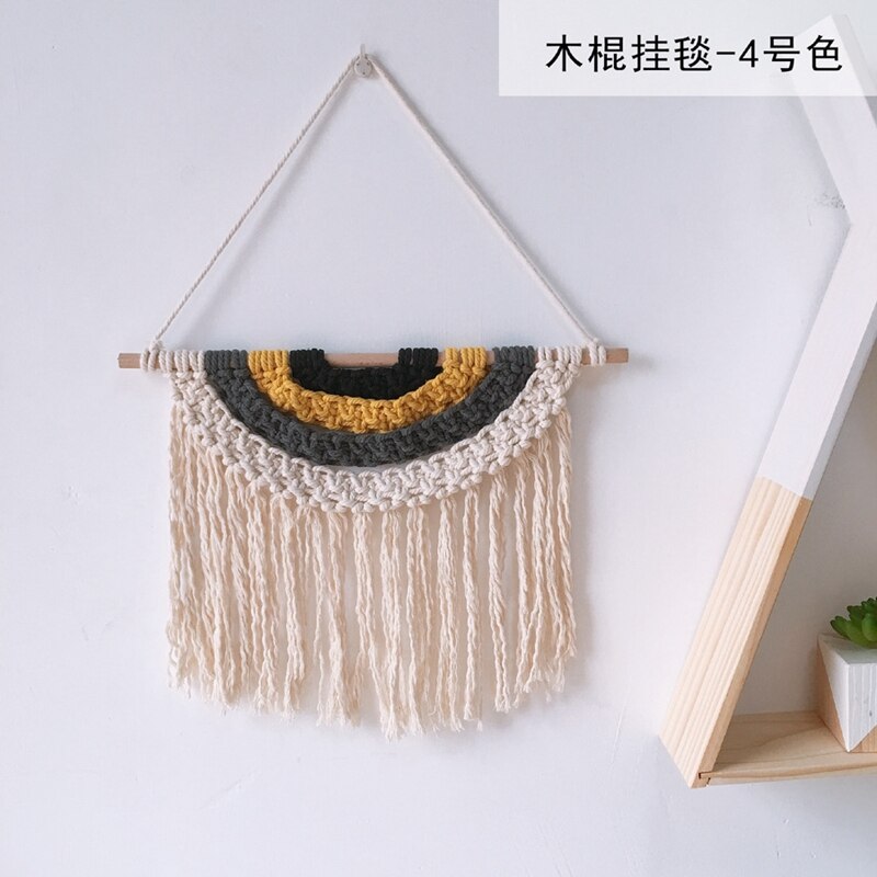 Babykamer macramé gebreid wandkleed met kwastje bohemian handgemaakte gevlochten regenboog houten wandhanger kunst kinderkamer boho decoratie: 04