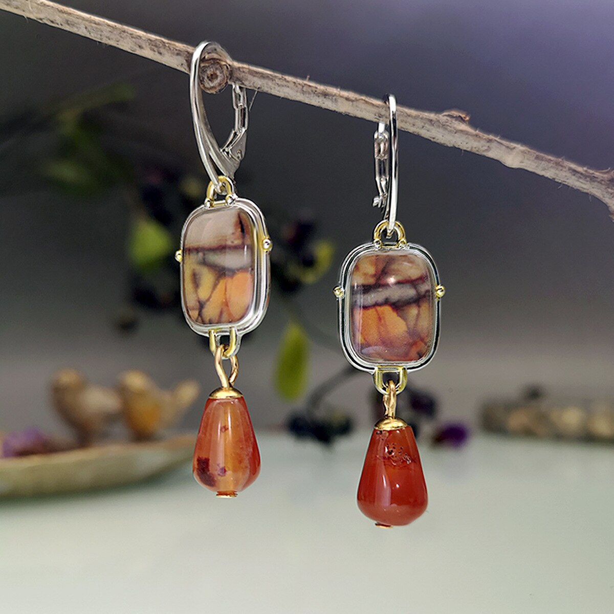 Jahrgang Pendientes Träne Orange verrotten Stein Ohrringe für Frauen Stamm Schmuck Geometrische Marmor aufbringen Tropfen Ohrringe