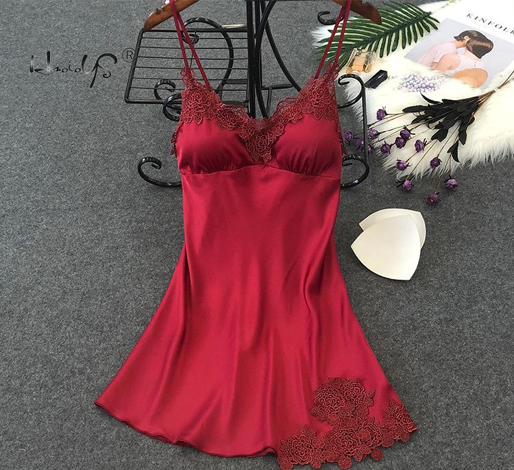 Women Silk Sleepshirts Lace Babydoll Lingerie Satin Chemise Nightgown V Neck Sleepwear Nighty Nightgown wWith Chest Pad Homewear: Wine Red / L