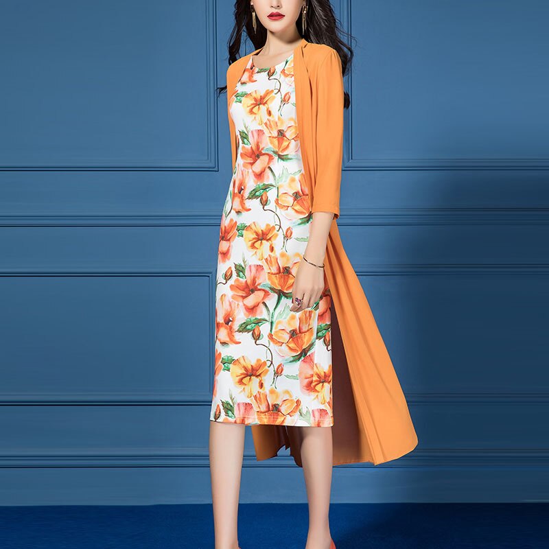 Dress Suit Women Long Chiffon Jacket and Floral Print Sleeveless Pencil Dress Two 2 Piece Set Spring Summer Fall Clothes
