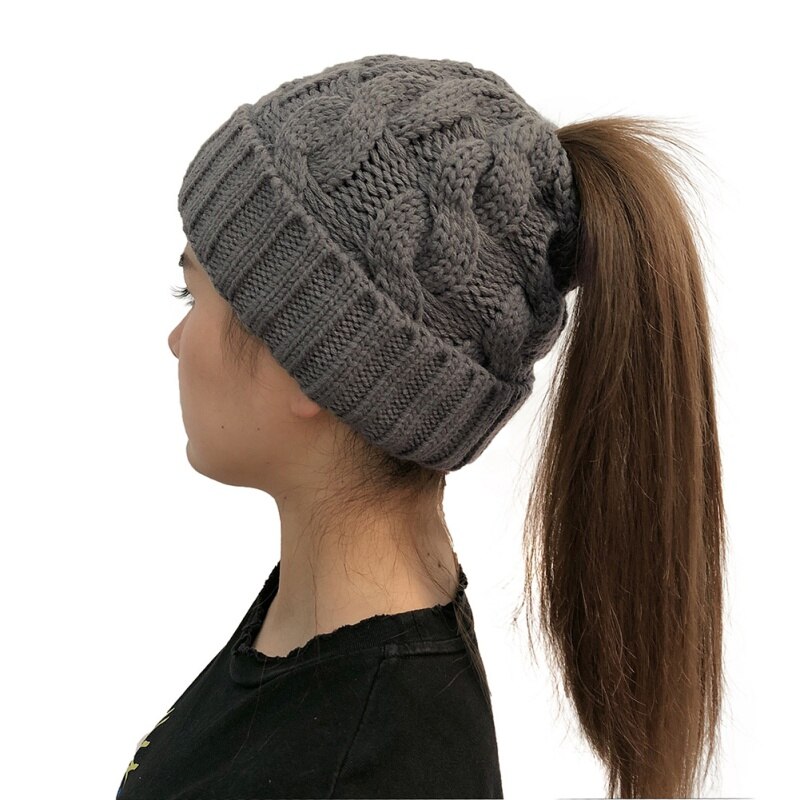 Hat autumn and winter woman knit warm innocent bonnet ponytail warm hat roll adjustable wool thick solid color