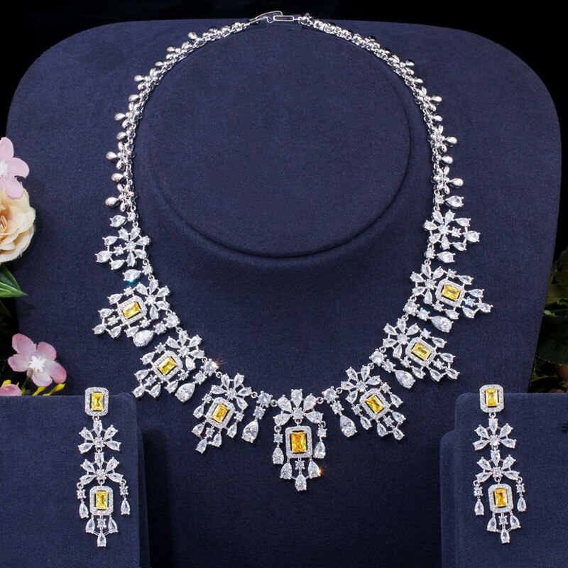 Beakeen-boucles d'oreilles et colliers en zircone cubique vert, grands ensembles de bijoux de mariée de dubaï, accessoires de mariage, JS207: Yellow