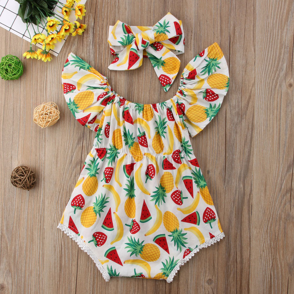 Zomer Baby Meisjes Fruit Print Ruches Mouwloos Romper Hoofdband Bodysuit Outfits
