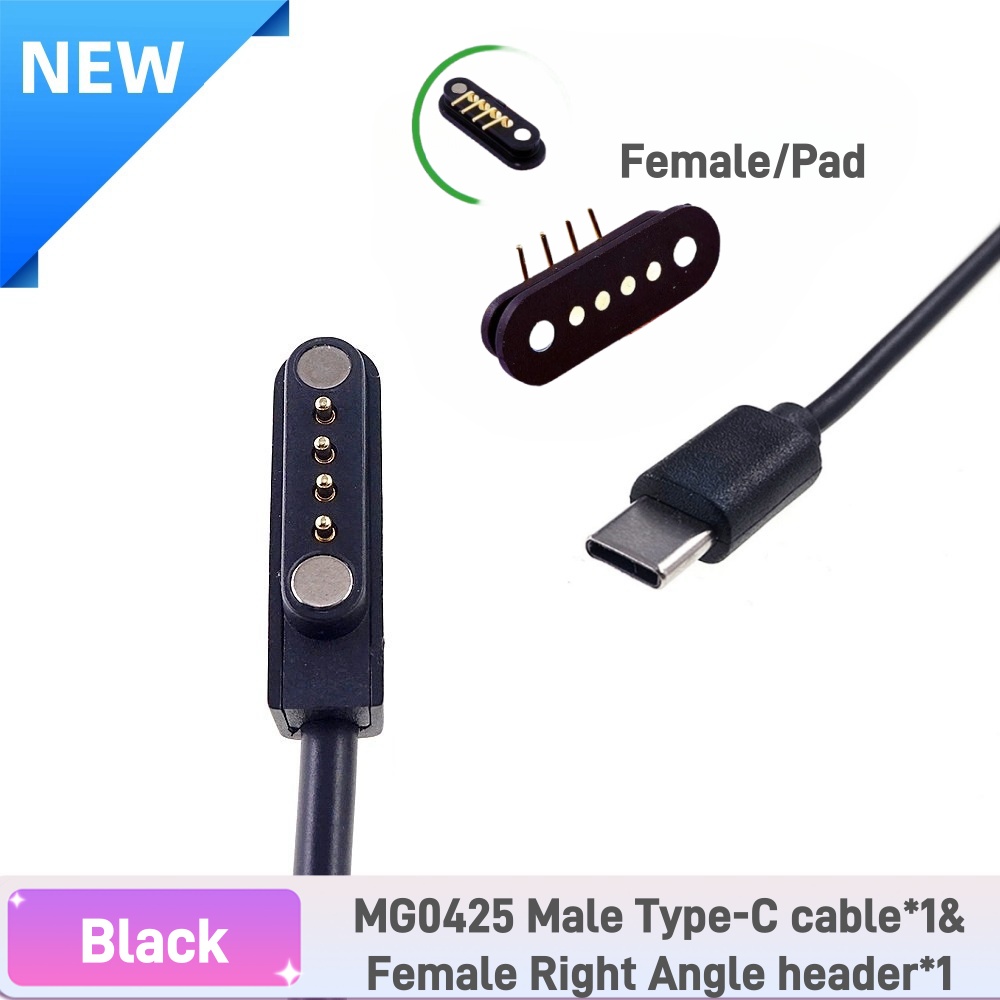 Magnetisk pogo-stift usb-c-kabel fjäderbelastad typ  c 2 4 6- positions hane hona 3a- kontakt ström dataöverföring: Svart