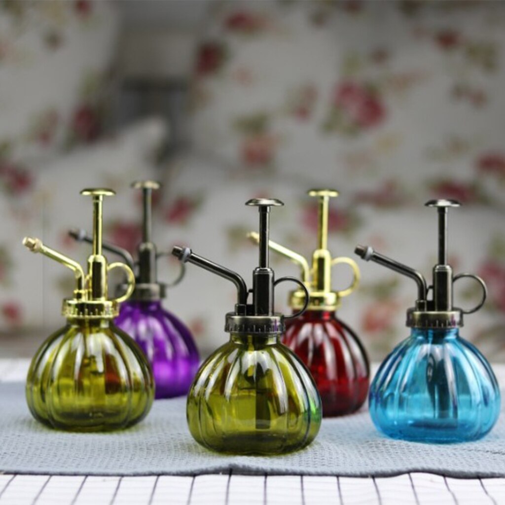 Retro glazen spuitfles, planten, bloemen, waterkan, tuinsproeier, pomp, mist, gieter, pot