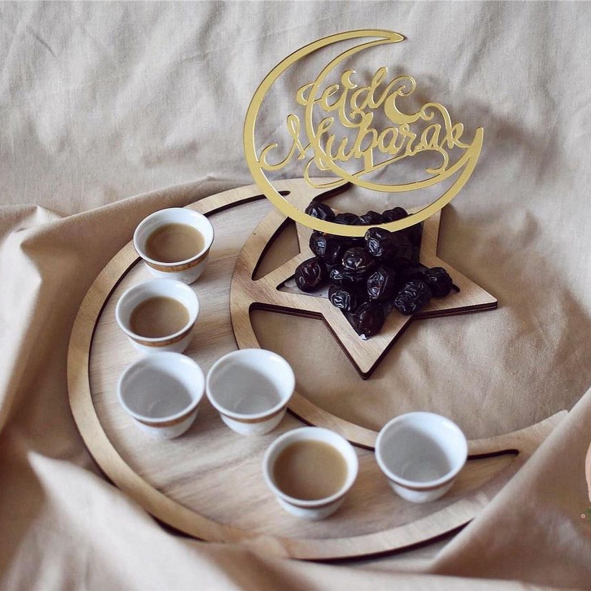 Eid Mubarak Wit Dienblad Maan Ster Houten Dienblad voor Ramadan Kareem Voedselhouder Benodigdheden Al Adha Islamitische Moslim Feestdecoraties