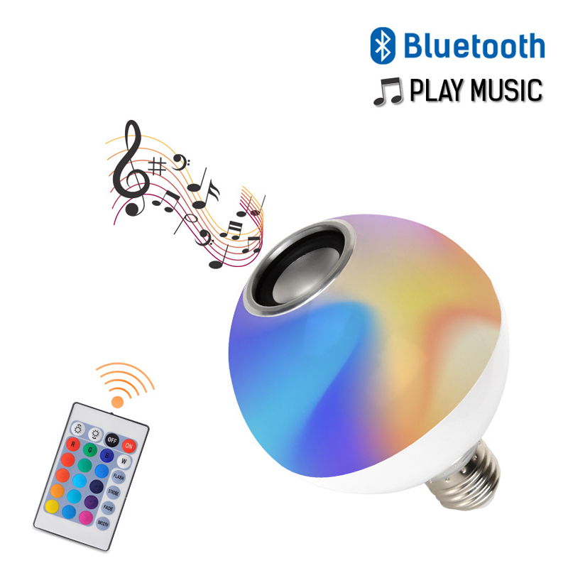 Smart E27 12W Ampoule LED Bulb RGB Light Wireless Bluetooth Audio Speaker Music Playing Dimmable Lamp with 24 Key Remote Control