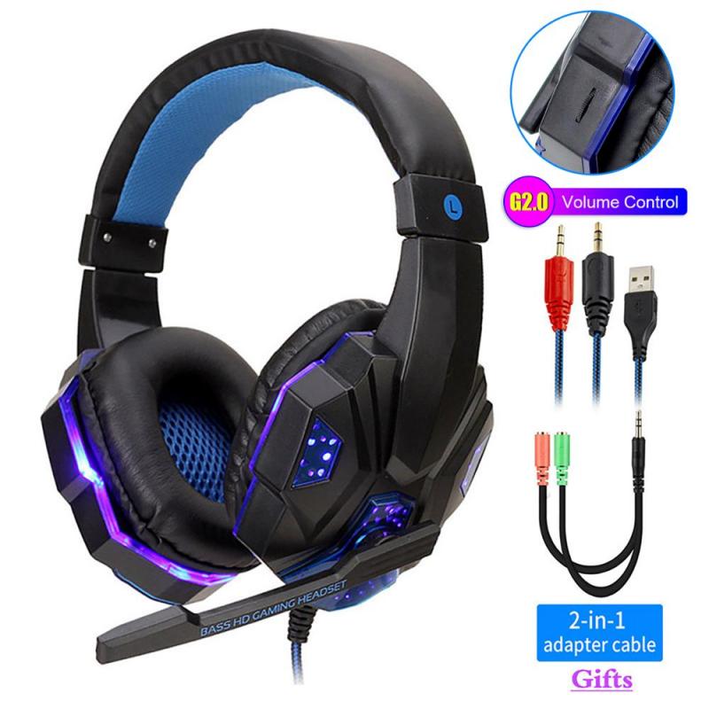 Gaming-Headphones Wired Headset Led Light for Computer PS4 Adjustable Bass Stereo PC Gamer Over Ear With Mic