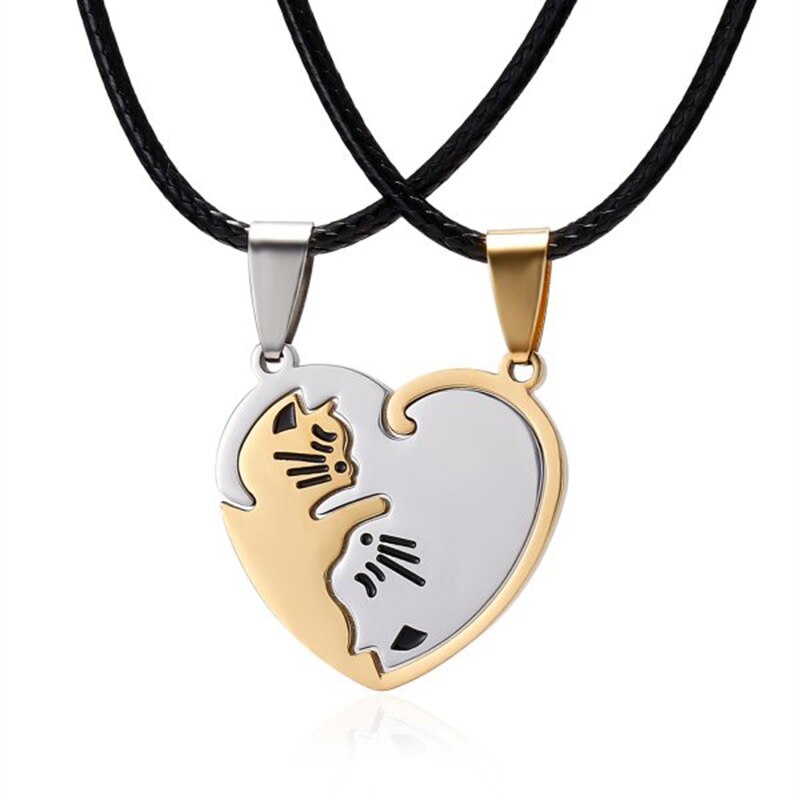 Trend Splice 2 PCS/Set Moon Cat Heart Pendant Necklace For Couple Stainless Steel Family Friend Women Chain Choker Jewelry: NC18Y0765-2