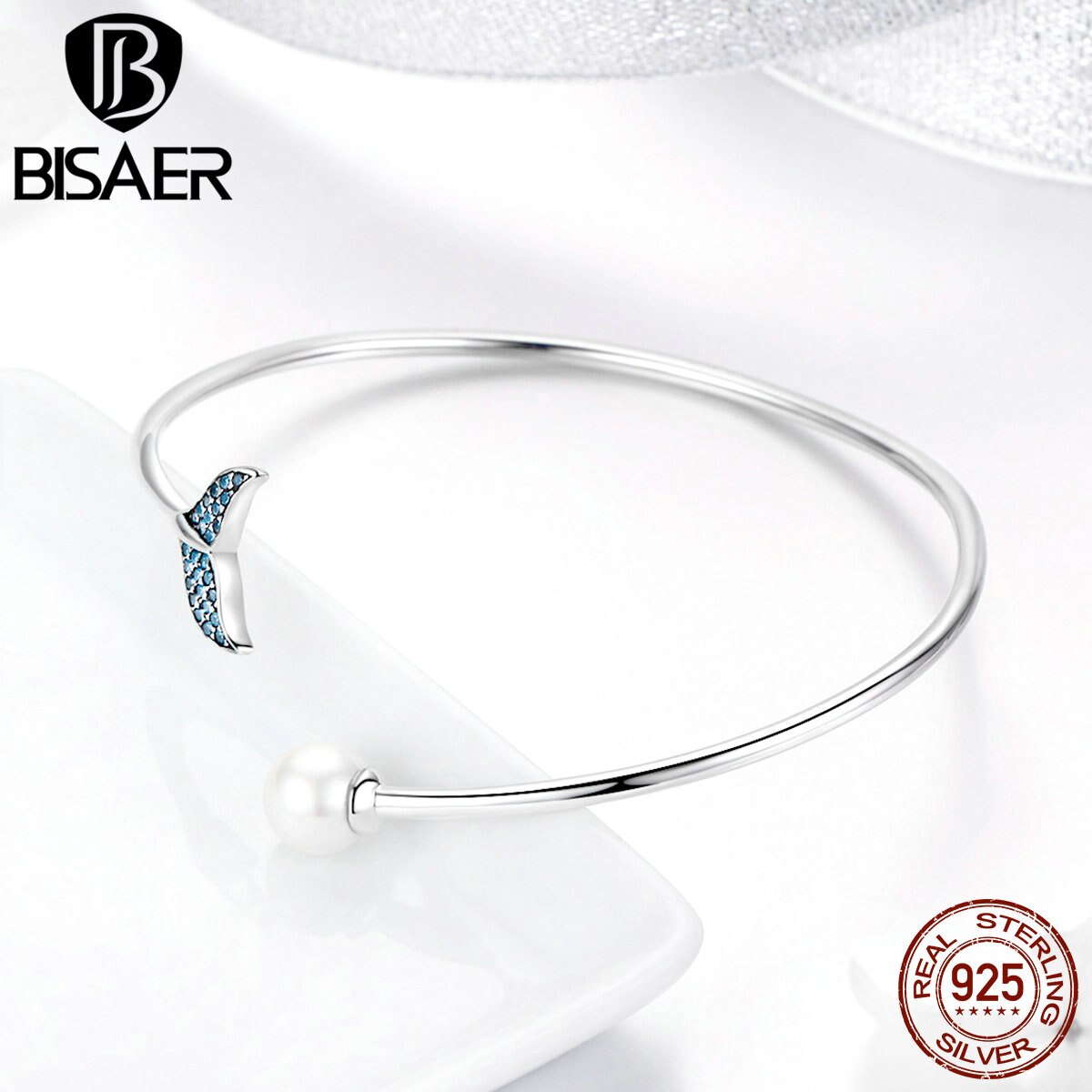 BISAER 925 Sterling Silver Blue CZ Mermaid Fishtail en Parel Armband voor Meisje Mode-sieraden Mode GXB123