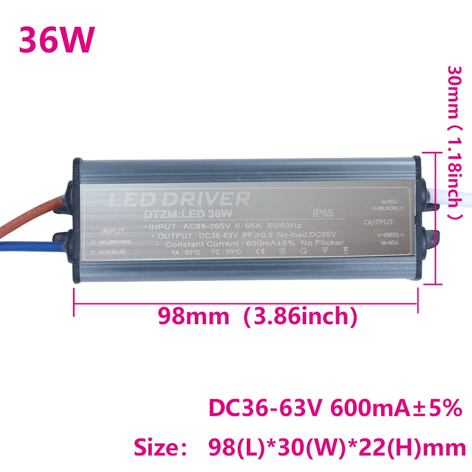AC85-265V LED Driver 600mA 36W For LEDs Power Supply Lighting Transformers For Outdoor waterproof Output 36-65V