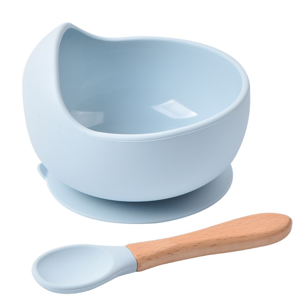 Tazón de silicona para bebé, vajilla de alimentación, cuchara de madera, cuenco de succión impermeable, platos antideslizantes, productos de cocina: Light Blue