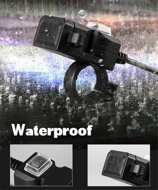 Waterproof Dual USB 12V Motorcycle Handlebar Charger Socket w/ Switch & Mounts