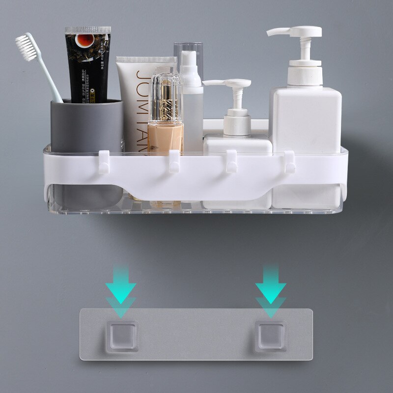 Wall-mounted Storage Rack Bathroom Shelf For Kitchen With Hooks Storage Bathroom Accessories Without Drill Plastic Container