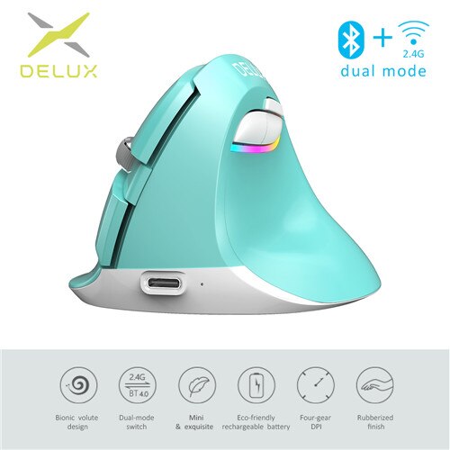 Delux-ratón Vertical inalámbrico M618Mini, dispositivo ergonómico con Bluetooth, batería recargable de 2,4 GHz, RGB, para muñeca y mano: Mint Green