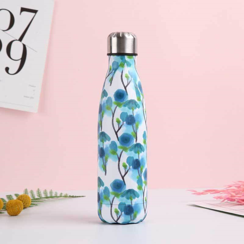 Floral Wood Water Bottle BPA Free Marble Insulated Cold Cup Coffee Mug Leak-proof Water+Bottles Stainless Steel Thermos Flask: D