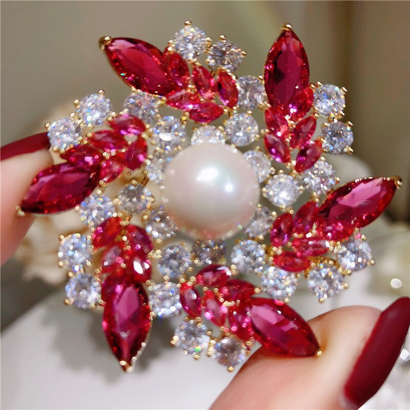 Broschen für damen,  s925 imitationsperlen, rote zirkonia-blume, schalnadel, brosche, korsagen, edler schmuck