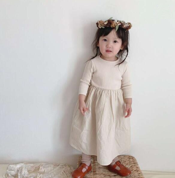 Zuid-korea En Najaar Casual Meisje Stiksels Lange Een-Lijn Jurk Streep Mori Prinses Jurk: Beige / 4T