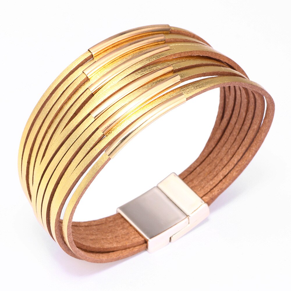 Pulseira de couro feminina, bracelete com faixas estilo boho, com contas de multicamadas, dourado e prateado, 2019