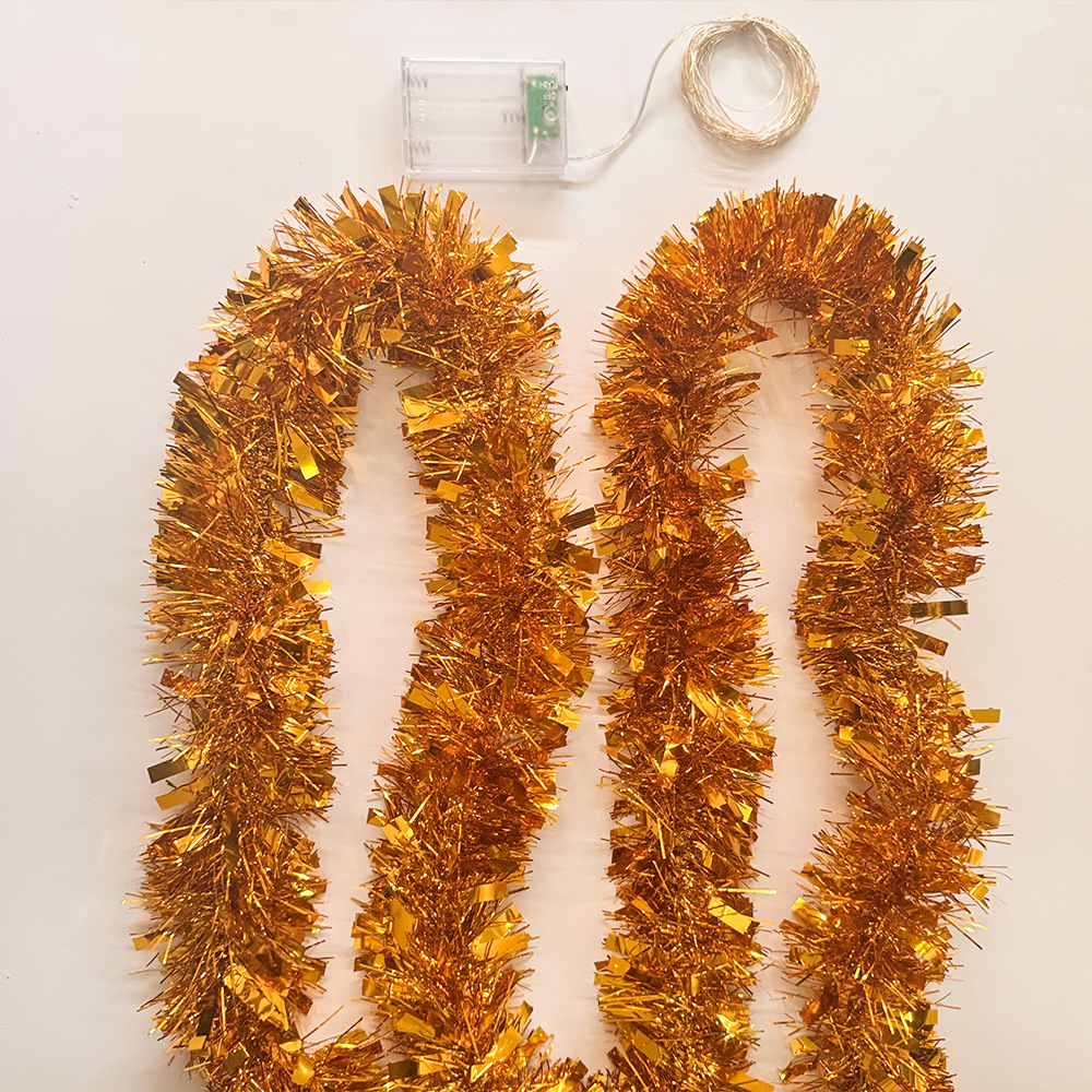 Guirnalda de oropel navideño con 50 luces LED, decoraciones gruesas metálicas brillantes para interiores/exteriores, para fiestas navideñas, 1 ud.: Oro