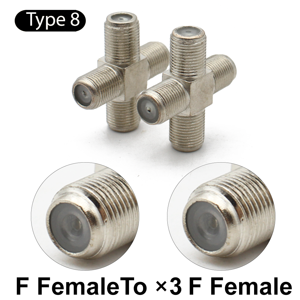 F tv aérea f macho fêmea adaptador ângulo reto rf conector coaxial 3way tipo t divisor cabo antena f combinação: Laranja
