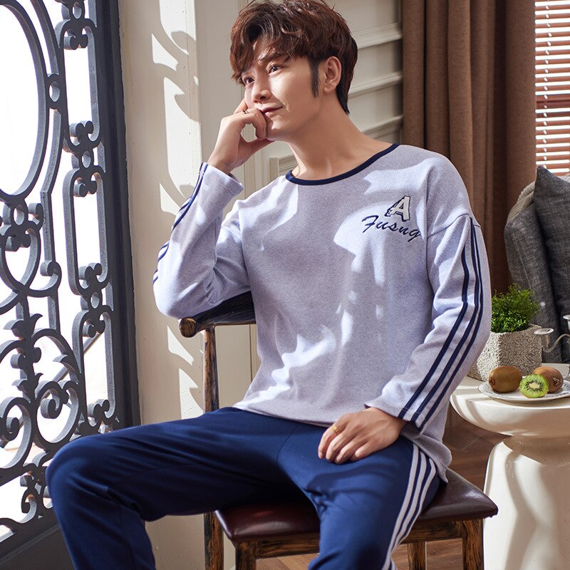 autumn and winter men's long-sleeved cotton men's pajamas sleep pants cotton-style thin section home service suit