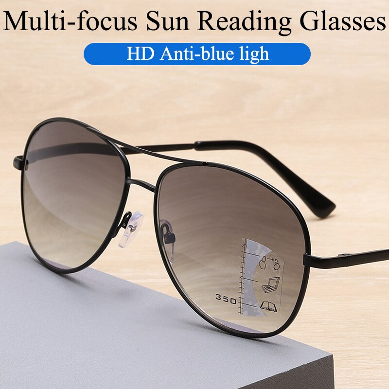 Retro Progressive Multi-Focus Zon Leesbril Mannen Vrouwen Smart Zoom Anti-Blauw Licht Outdoor Full Frame Grijs brillen 2022