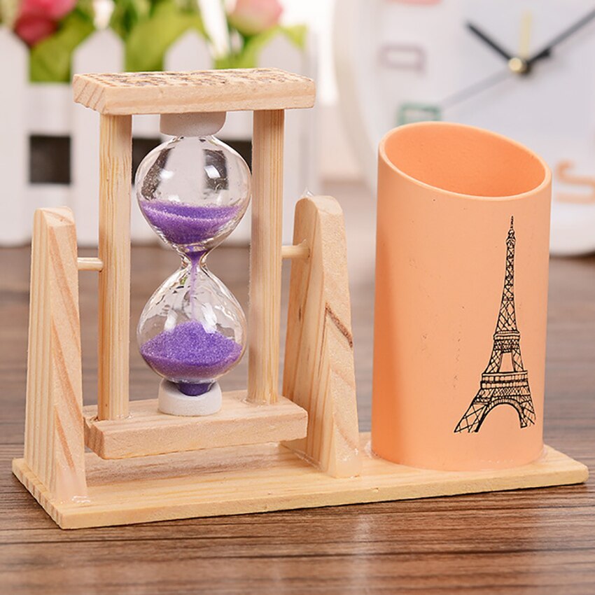 Hourglass Sand Timer Sand Clock with Pen Holder Makeup Brush Organizer Pencil Holder Stand for Home, Desk, Office Decoration: Purple