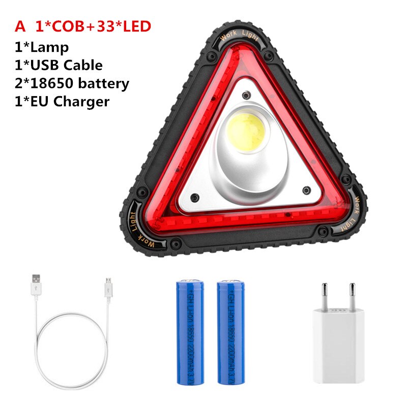 Usb laddningsbar triangel varning led strålkastare cob led bil reparation arbetslampa 18650 handtag bärbar campingljus söklykta: En eu-laddare