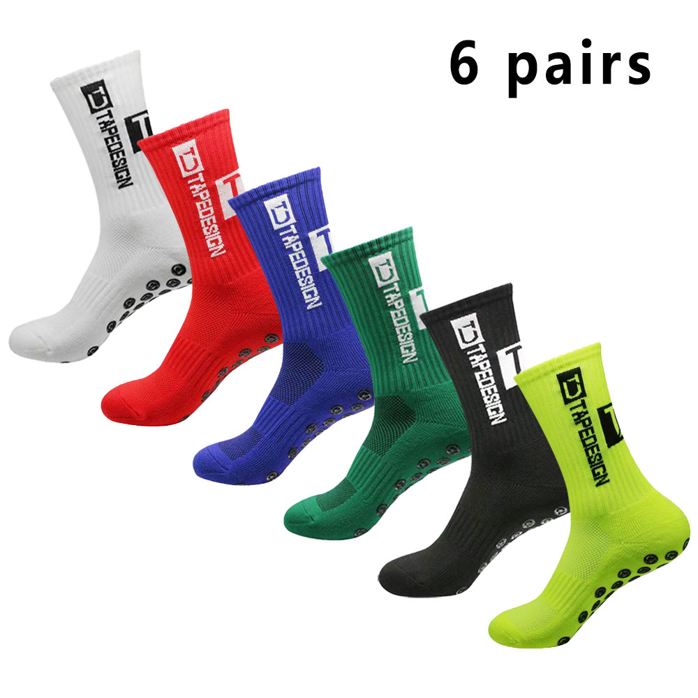 6 pares de meias de futebol meias esportivas masculinas meias de meia panturrilha silicone antiderrapante dot meias basquete yoga: Azul amarelo