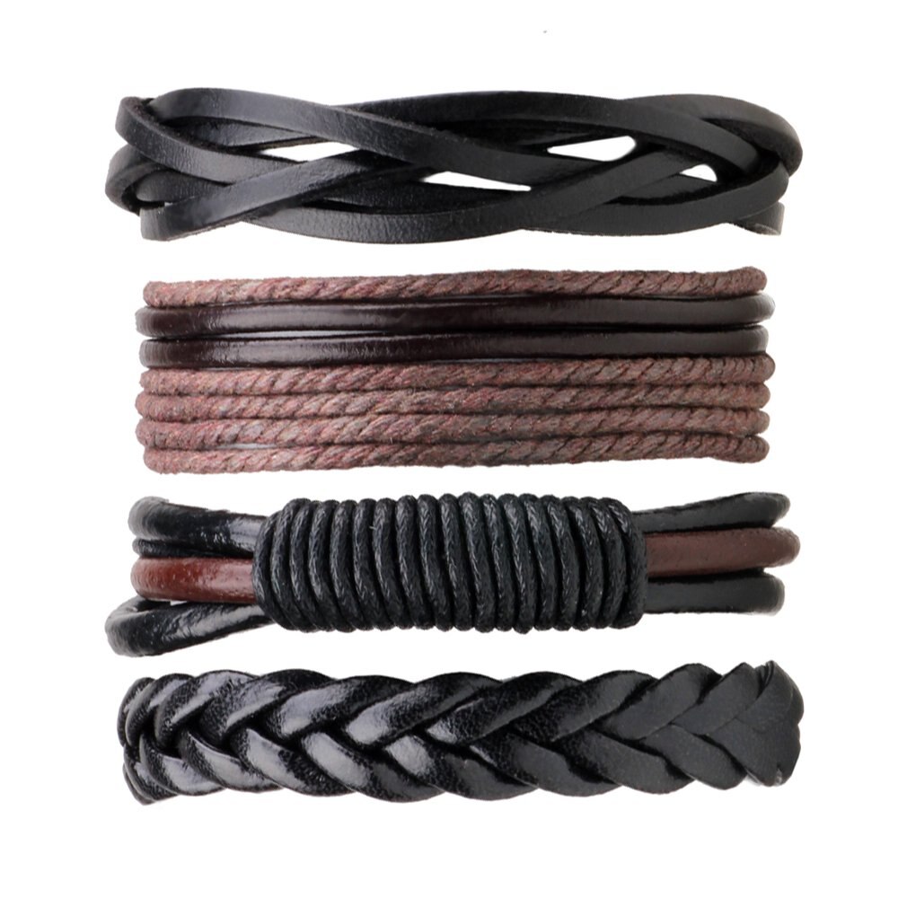 4PCS/PACK Punk Style Vintage Handmade PU Leather Braided DIY Men Black Brown Casual Bracelets Jewelry Accessories