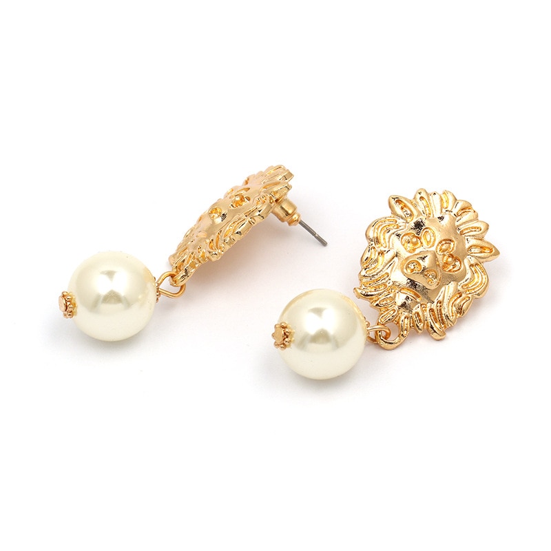 Vintage Lion Head Pearl Earrings for Women Trendy Gold Lion Head Big Dangle Earring Metal Baroque Ear Jewelry