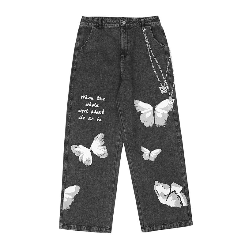 Uncledonjm sommerfugl trykte + kæde jeans mænds hip hop streetwear herre jeans denim kvinder mænd mode sorte jeans mænd  hm1072: Sort / Xl