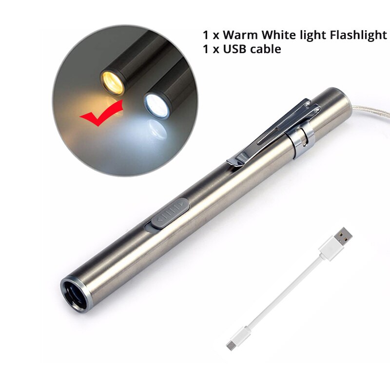 Oplaadbare LED Zaklamp Pen light MINI Torch Koel wit + warm wit licht Met usb-oplaadkabel Gebruikt voor camping, artsen: Warm White
