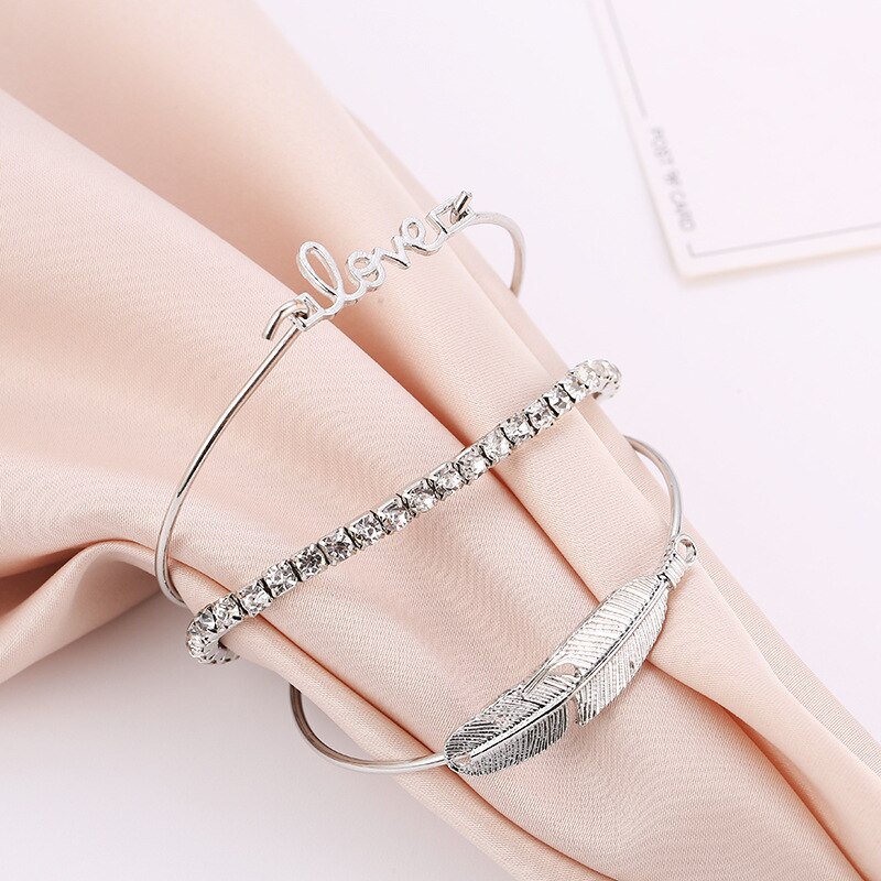 3 Pçs/set Pena Projeto Amor Rodada Cristal Gem Multilayer Ajustável Aberto Pulseira Definir a Forma Das Mulheres Jóias Presente Do Partido