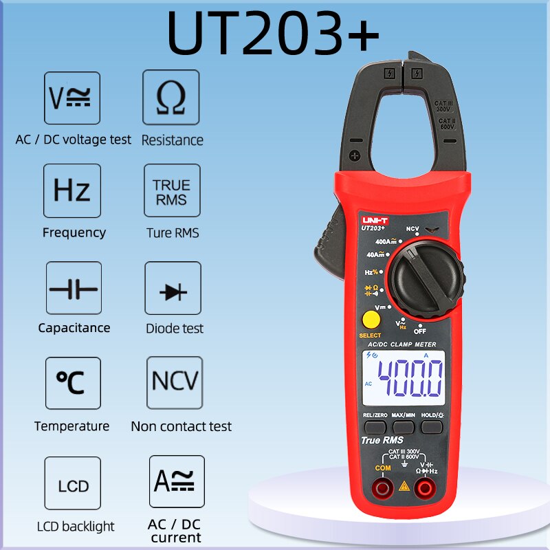 Uni-t  ut204+ serie true rms digital klemmemåler ac / dc klemme ammetere temperatur kapasitans motstandsspenning tester lcd ncv