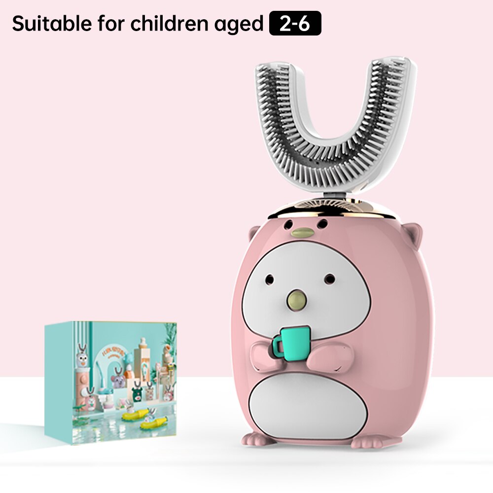 Smart 360 Degress U Sonic Electric Toothbrush Kids Silicone Automatic Ultrasonic Tooth Brush Children Blue Light Teeth Brush: Penguin Pink 2-6