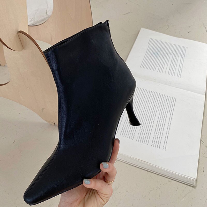 automne femmes bottes en cuir souple Pu concis bottines pour femmes bout pointu talons hauts dos Zip bottes courtes femme: Black / 36