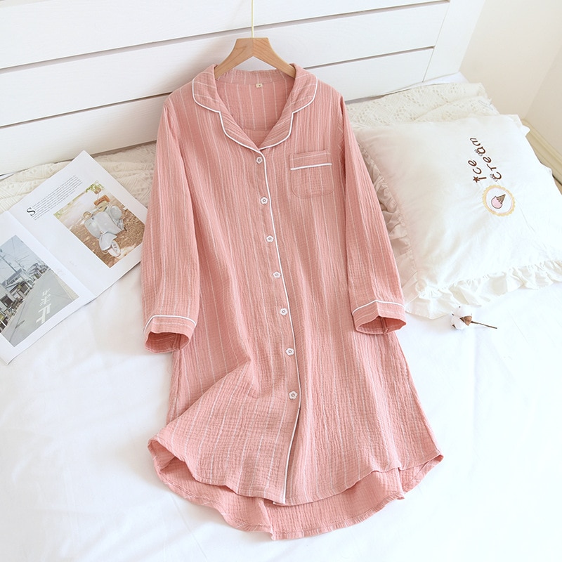 Summer Ladies Cotton Nightgowns Long-sleeved Simple Plus Size Sleepwear Double-layered Gauze Sleeping Dress Striped Sleep Tops: Pink / M