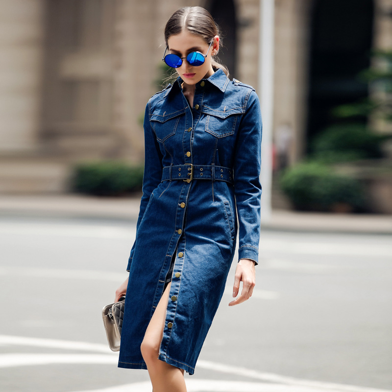 Women Autumn Cotton Slim Denim Trench Coat Long Sl...  Grandado
