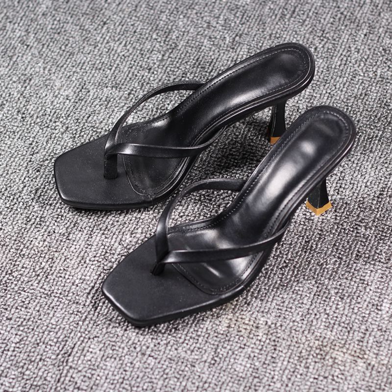 Big Size Square Toe Shoes Thin Heels Rubber Flip Flops Ladies' Slippers Heeled Mules Hawaiian High Pumps Slides Patent Leather