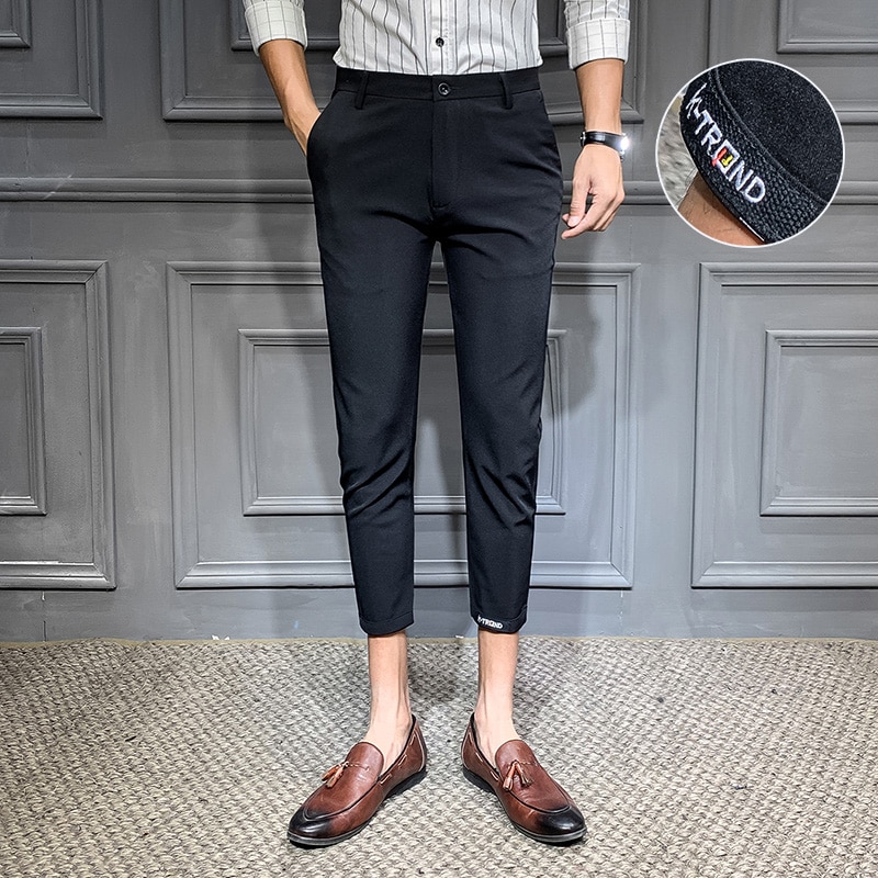 Koreanske sommerkjole bukser mænd slim fit formelle bukser til mænd streetwear ankel længde kontor bukser mænd sort 28-34