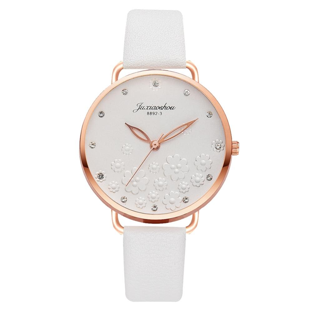 Frauen Diamant Uhr Blumen Runden Zifferblatt Armbinde Uhren einstellen Damen Leder Band Quarz Armbanduhr Weibliche Uhr Zegarek Damski: 1pc Weiß