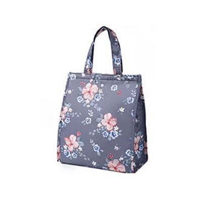 Nette Muster Druckt Inneren Aluminium Folie Lebensmittel Kühltasche Wasserdicht Polyester Hoop und Schleife Öffnung Klapp Thermische Mittagessen Tasche: Gray Flower