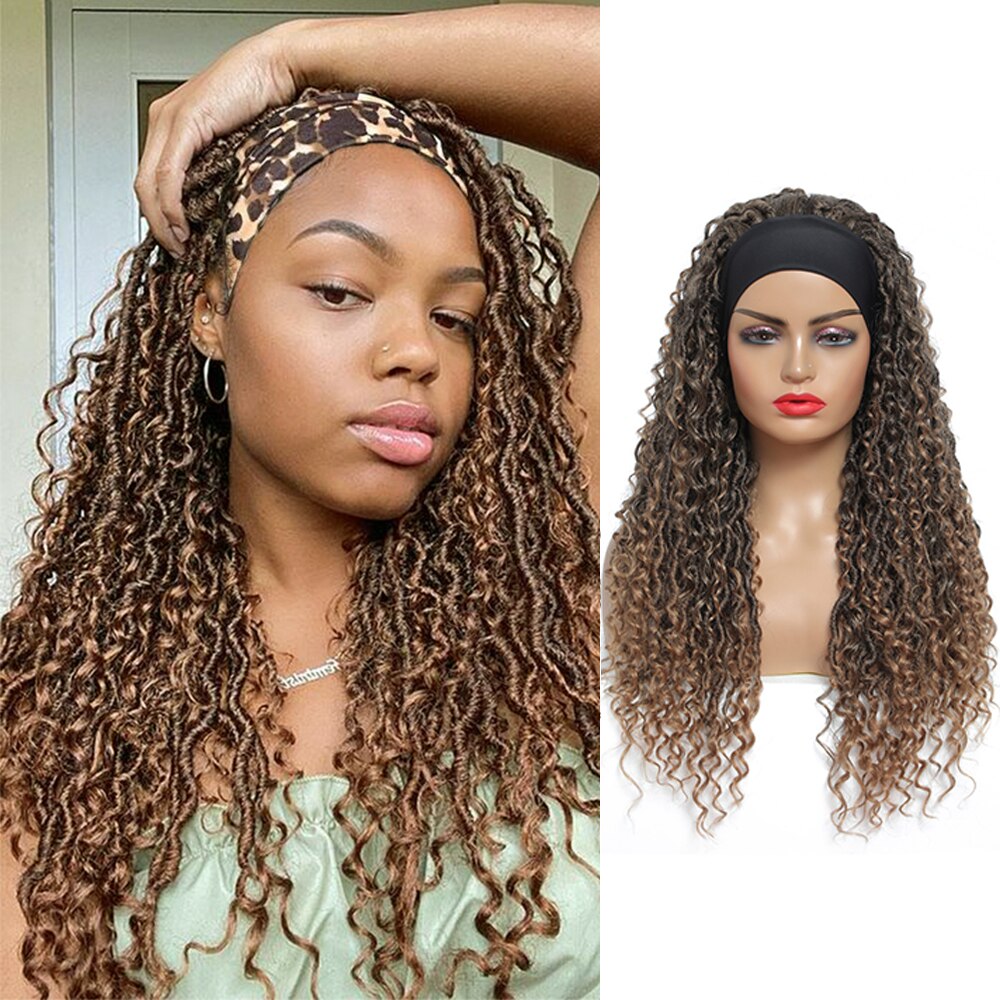 Ombre Brown Headband Synthetic Braided Wigs For Black Women 24 Inch Natural Glueless Hair Wig SOKU Faux Locs Crochet Curly Hair: MT1B-27