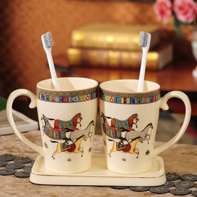 Juego de cerámica para baño, soporte y taza para cepillo de dientes, con bandeja, lavabo, par de cepillos de dientes eléctricos, 4 piezas